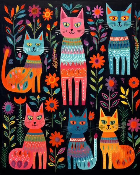 Premium Photo Vibrant Bohemian Folk Art Cats At Play In An Array Of