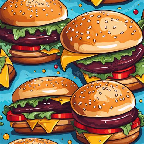 Seamless Pattern With Burgers Hamburgers Cheeseburgers On Blue