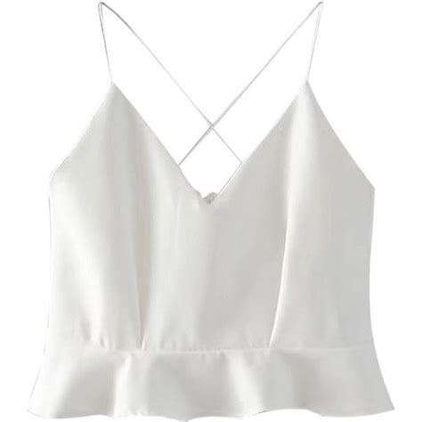 White V Neck Cross Back Ruffle Hem Cami Crop Top 28 Aud Liked On