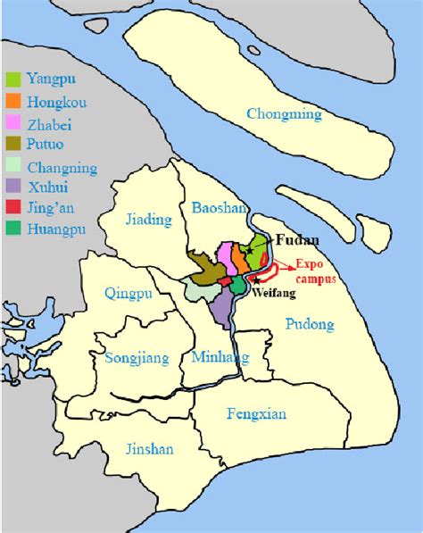 Map of Shanghai with district borders. The area of the expo campus is ...