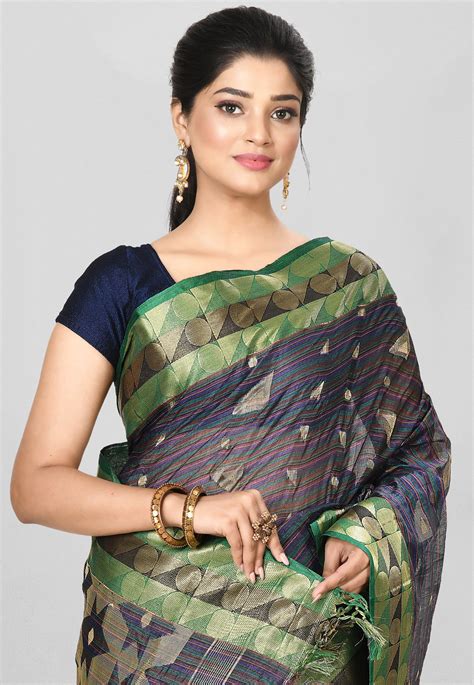 Buy Woven Cotton Silk Saree In Navy Blue Online SRGA1606 Utsav Fashion