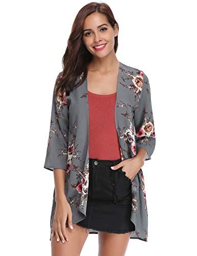 Abollria Women Sleeve Floral Chiffon Casual Loose Kimono Cardigan