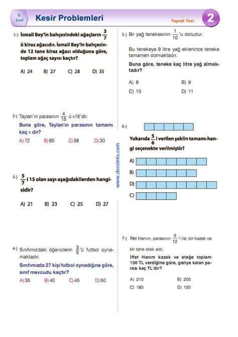 5 Sınıf Kesir Problemleri Yaprak Test 2 Kesirler Üçüncü sınıf