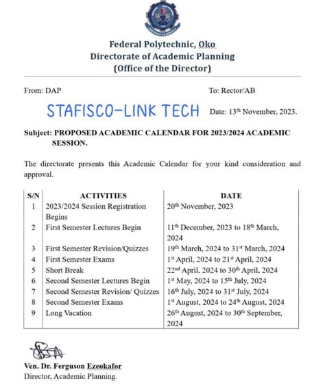 Federal Polytechnic Oko Academic Calendar For 2023 2024 Academic