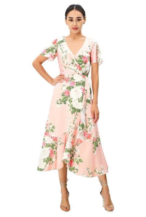 Shop Floral Print Satin Faux Wrap Dress Eshakti