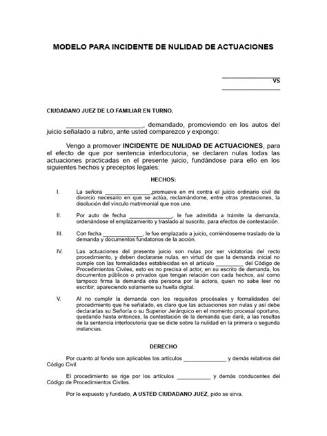 Modelo Para Incidente De Nulidad De Actuaciones Pdf