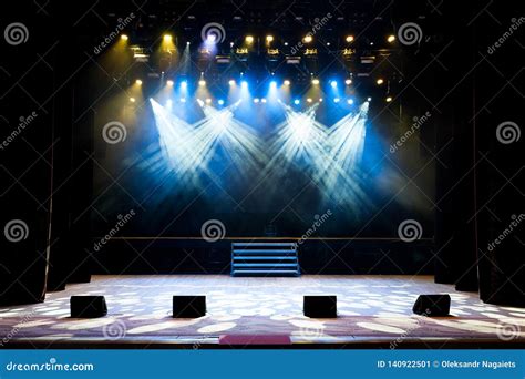 Free Stage With Lights Light With Colored Spotlights And Smoke Stock