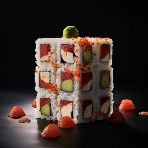 Una Pila De Sushi Con Rodajas De Naranja Encima Foto Premium