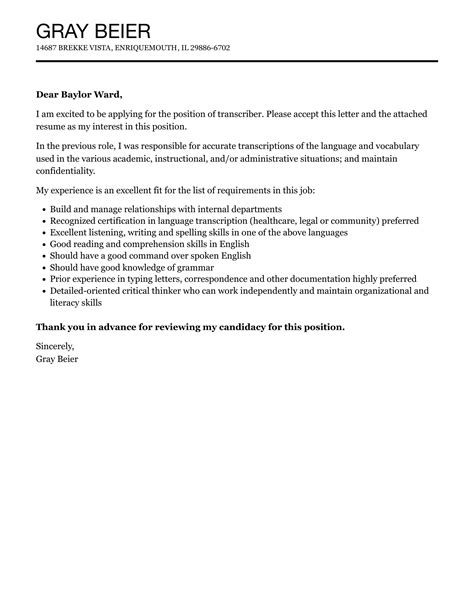 Transcriber Cover Letter Velvet Jobs