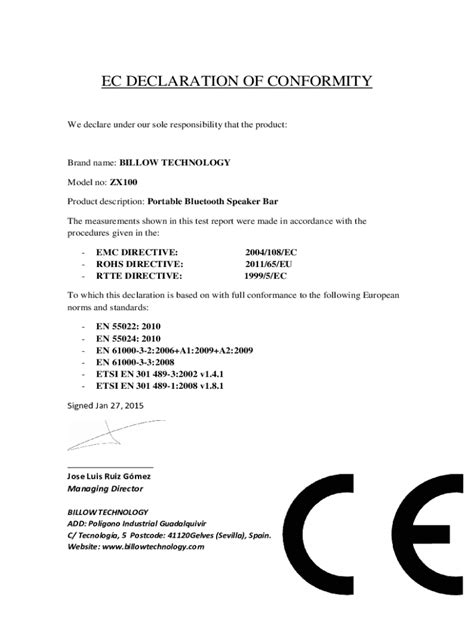 Fillable Online EC DECLARATION OF CONFORMITY Billow Technology Fax