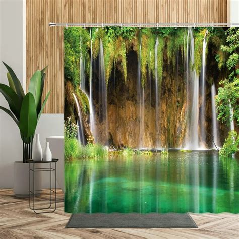 3d Waterfall Scenery Bathroom Shower Curtain Forest Trees Stone Lake