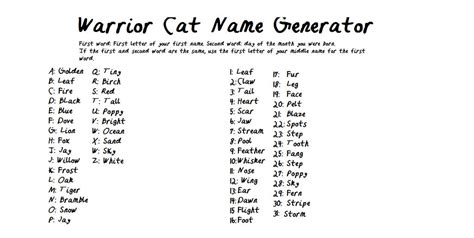 Warior Cat Name Generator By Turquoise Fox03 On Deviantart