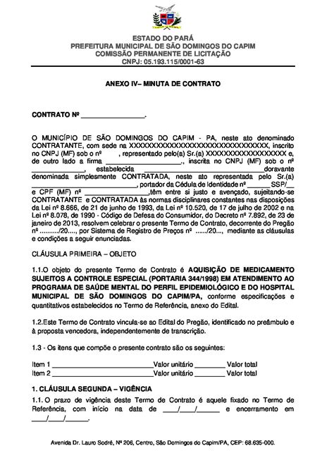 Anexo Iv Minuta De Contrato Prefeitura Municipal De S O Domingos Do