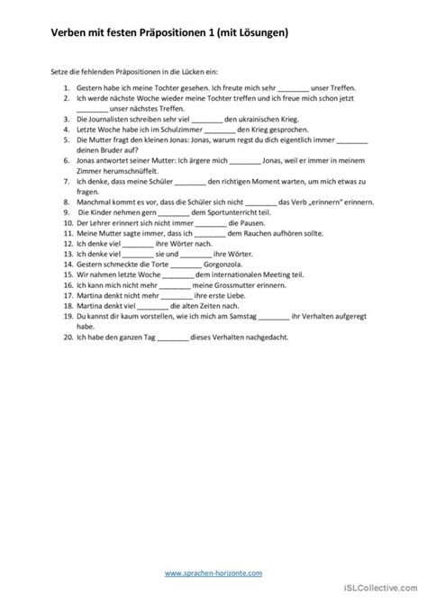 Verben Mit Festen Pr Positionen M English Esl Worksheets Pdf Doc