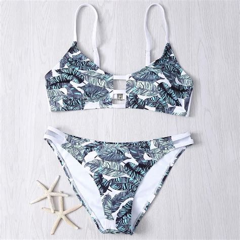 Women Swimsuit Swimwear Hollow Out Leaves Print Bikini Set Brazilian