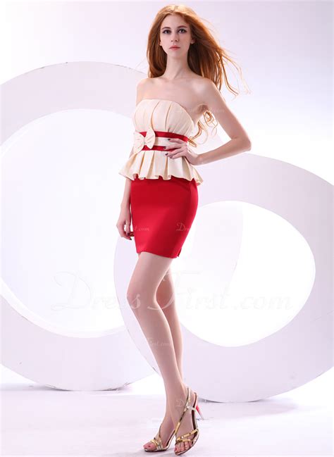 Sheath Column Strapless Short Mini Satin Cocktail Dress With Ruffle