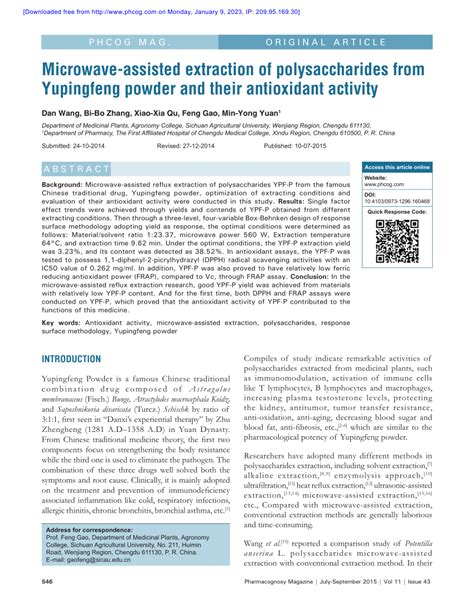 Pdf Microwave Assisted Extraction Of Polysaccharides From Yupingfeng Powder And Their