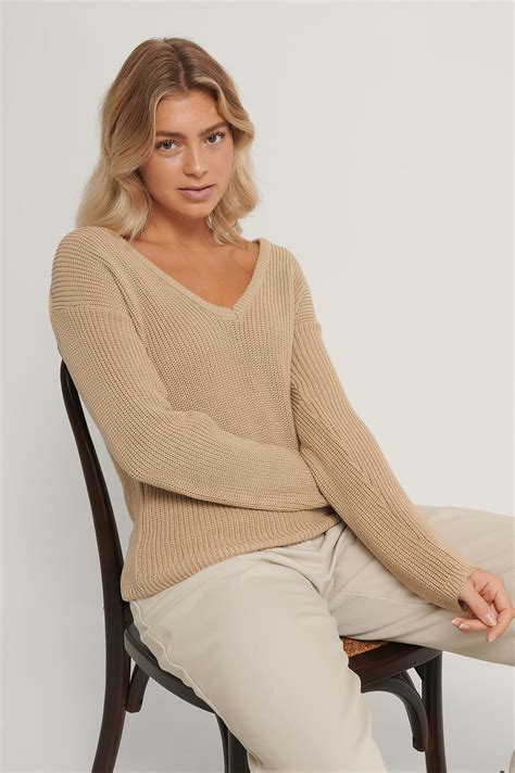 Deep Front V Neck Knitted Sweater Beige Na