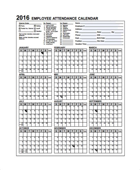 Printable Employee Attendance Calendar Printable Templates