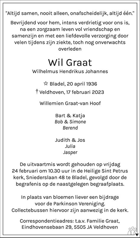 Wil Wilhelmus Hendrikus Johannes Graat 17 02 2023 Overlijdensbericht