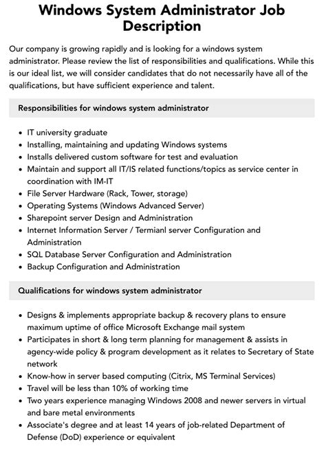 Windows System Administrator Job Description Velvet Jobs