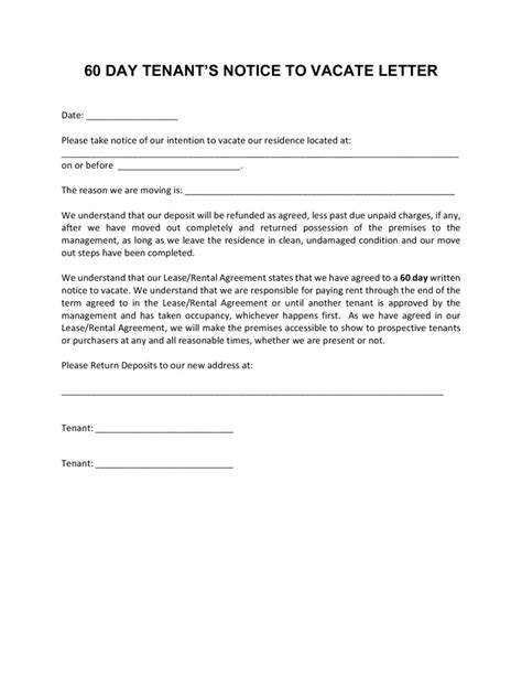 60 Day Tenant Notice To Vacate Letter Template