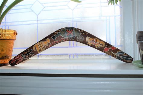 Vintage Australian Boomerang Hand Painted Wood Kangaroo Lizard And More