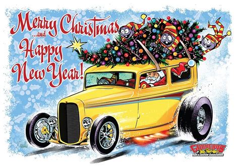 Hot Rod Christmas Scene With Festive Yellow Car