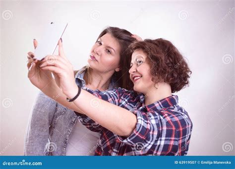 Friends Making Selfie Two Beautiful Young Women Making Selfie Stock