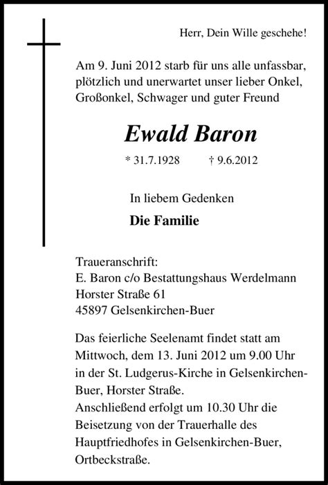 Trauer Und Todesanzeigen Von Ewald Baron Trauer De