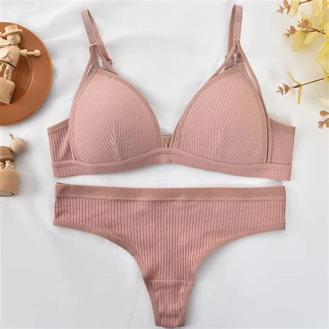 Women Cotton Lingerie Set Push Up Bra Soft Non Wire Brassiere Low Waist Thongs Padded Bralette