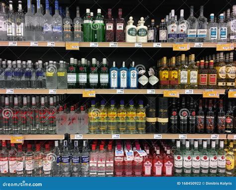 Vodka Gin Tequila and Rum Bottles on Liquor Store Shelves Editorial ...