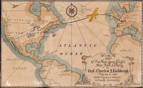 Map of the Non-Stop Flight New York to Paris by Capt. Charles A ...