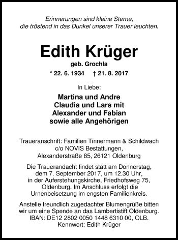 Traueranzeigen von Edith Krüger nordwest trauer de