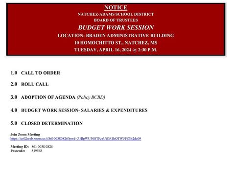 Natchez Adams School District Board Of Trustees Budget Work Session Natchez Adams School District
