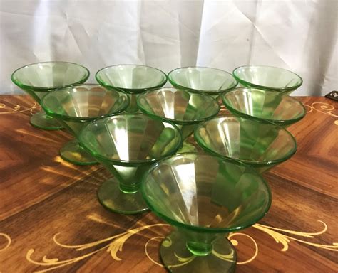 Ten Vintage Green Depression Glass Dessert Cups Depression Era Footed