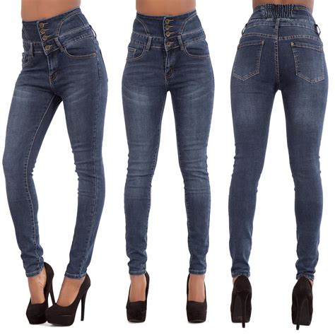 Womens Ladies Sexy High Waist Skinny Ripped Jeans Blue Stretch Denim