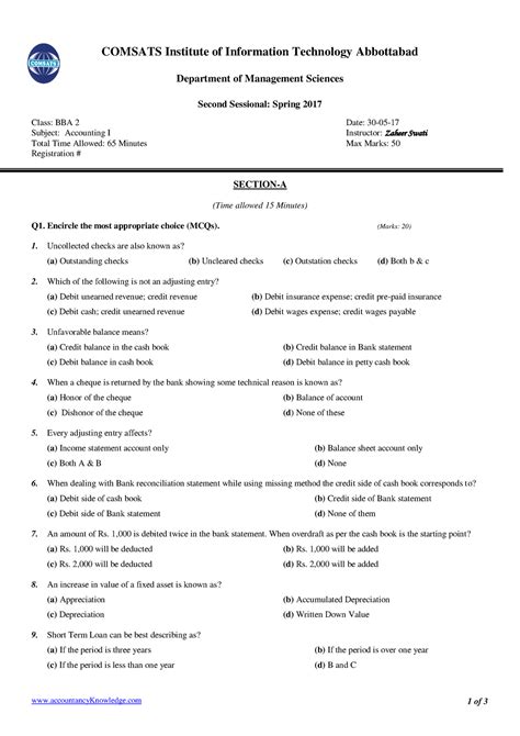 Sessional Paper Sample Accountancyknowledge Of Comsats