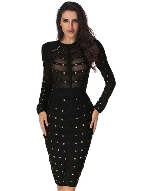 Adyce Studded Detail Sheer Bodycon Bandage Dress Shein Eur