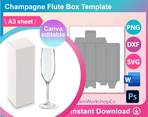 Champagne Flute Box Wine Glass Box Template Canva Ms Word Etsy