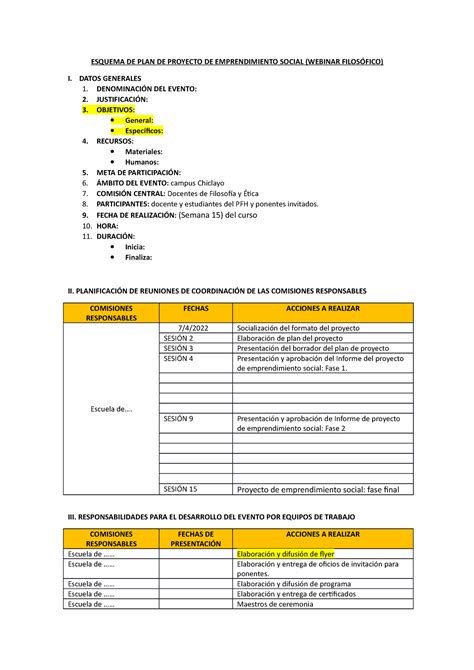 Formato Para Proyecto De Emprendimiento Social Esquema De Plan De