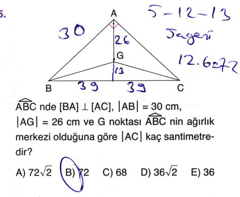 ABCnde BA AC AB 30 cm AG 26 cm ve G noktası ABC nin