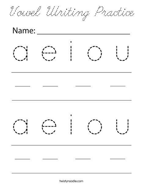 Vowel Writing Practice Coloring Page Cursive Twisty Noodle