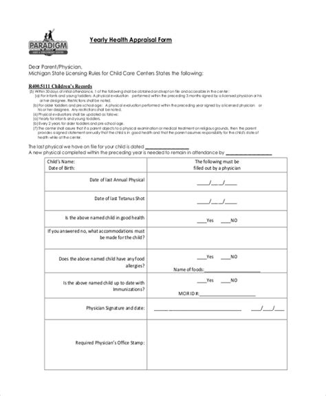 Free Sample Health Appraisal Forms In Pdf Ms Word