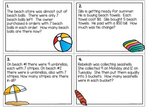 Summer Multi Step Word Problem Task Cards For Third And Fourth Grade