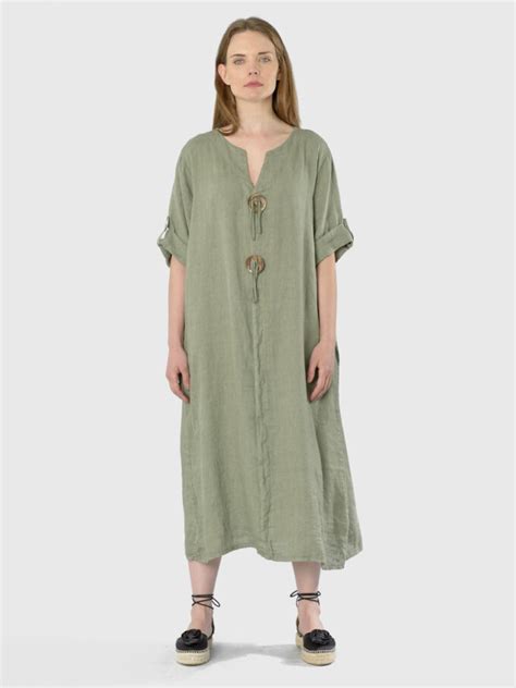 Vestido Lino 2 Botones Italiano Verde Militar Bou S Store