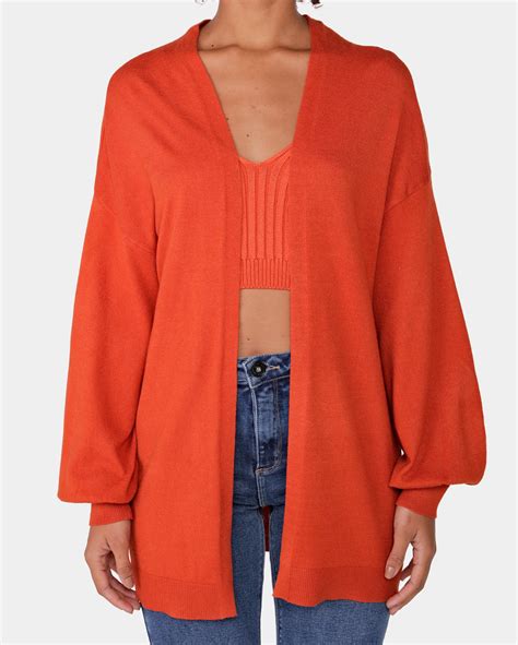 Riachuelo Cardigan Feminino Alongado Manga Longa Tricot Laranja Pool