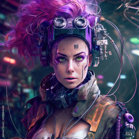 Detailed Robot Woman Or Humanoid Cyber Girl With Purple Hair Artificial Intelligence Concept