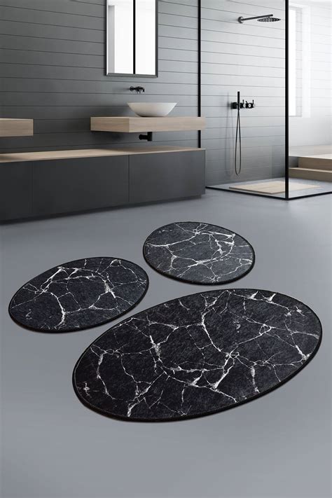 Set De 3 Tapis De Salle De Bain Ovales Artemus Velours Noir Effet