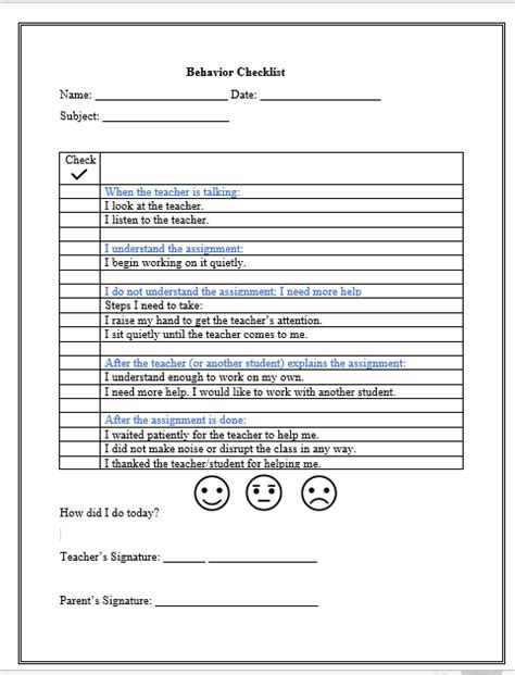 Checklist For Students To Monitor Their Own Behavior In Class